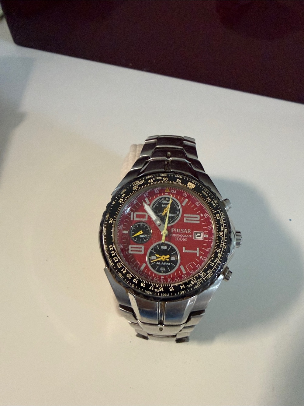 Pulsar Red Dial Stainless Steel Chronograph Watch